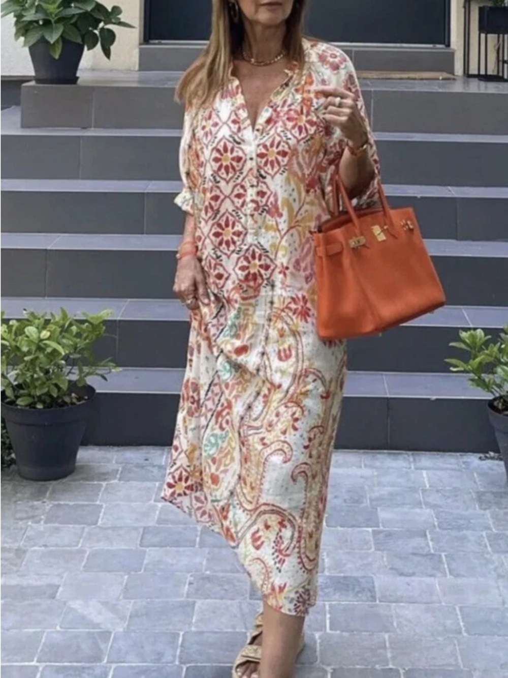 Zara Floral Paisley Midi Dress in White, Orange and Red